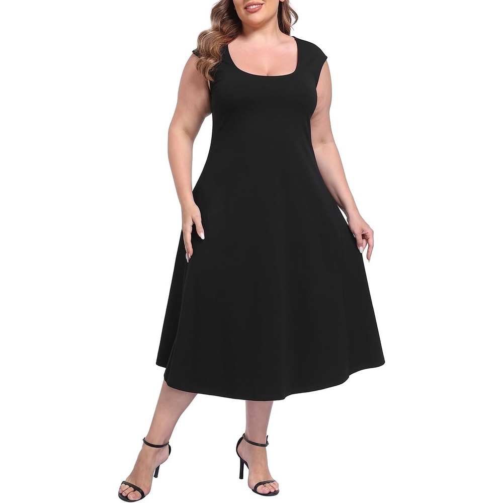 image:imageHDE Womens Plus Size Midi Summer Dress Fit and Flare Scoop Neck Cap Sleeve A Line Long Flowy Casual Vacation SundressesBlack