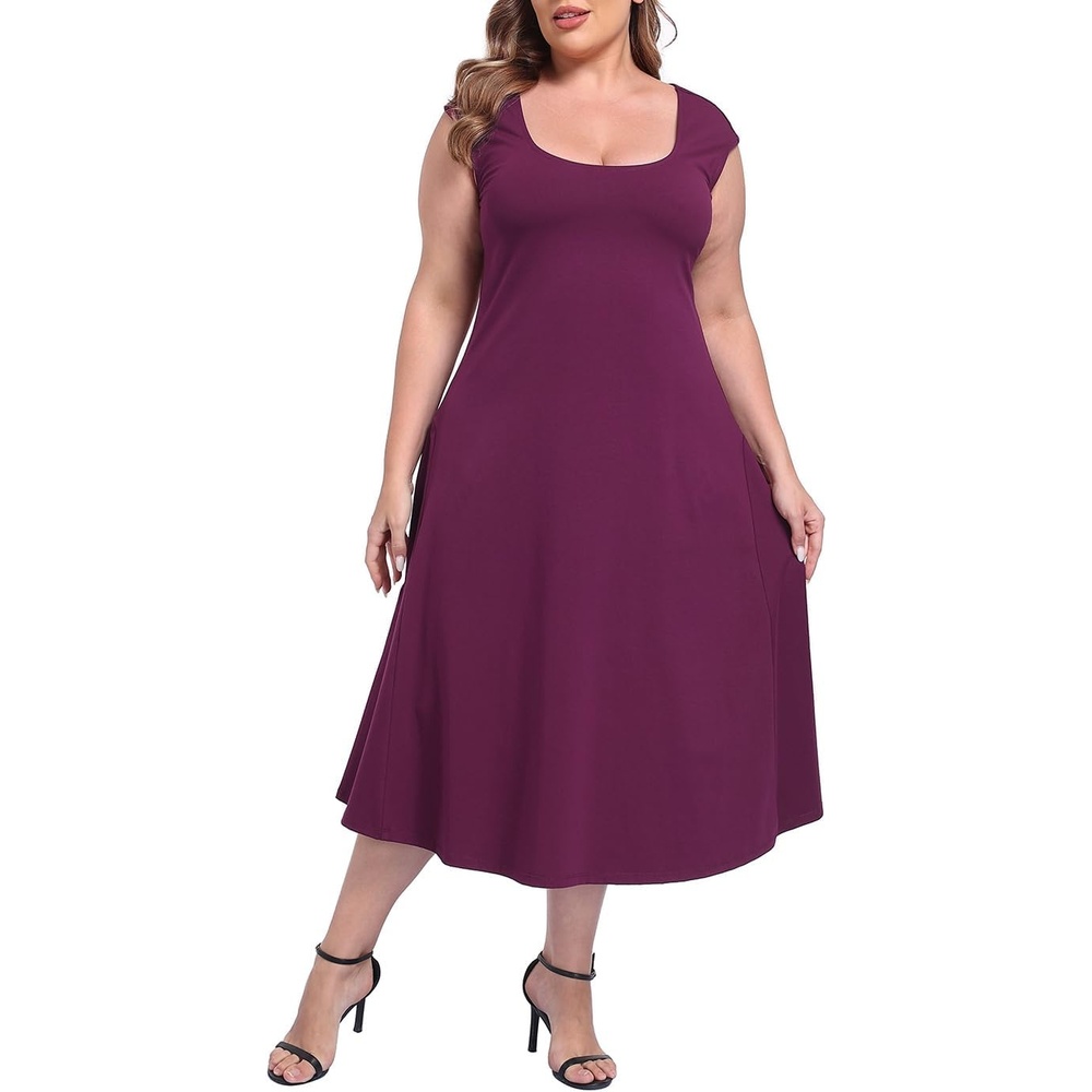 image:imageHDE Womens Plus Size Midi Summer Dress Fit and Flare Scoop Neck Cap Sleeve A Line Long Flowy Casual Vacation SundressesBurgundy Purple