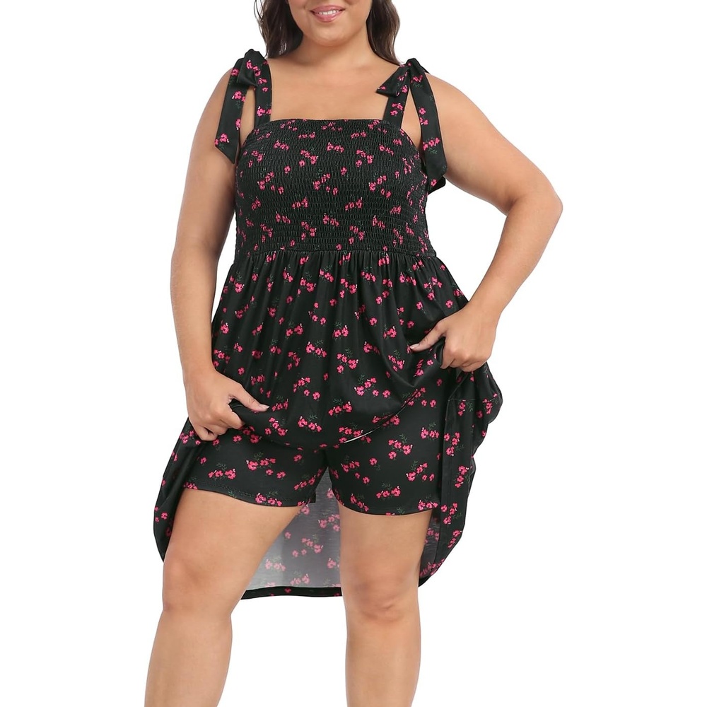 image:imageHDE Womens Plus Size Romper Dress with Built in Shorts amp Pockets Tie Strap DressBlack Ditsy Red Floral
