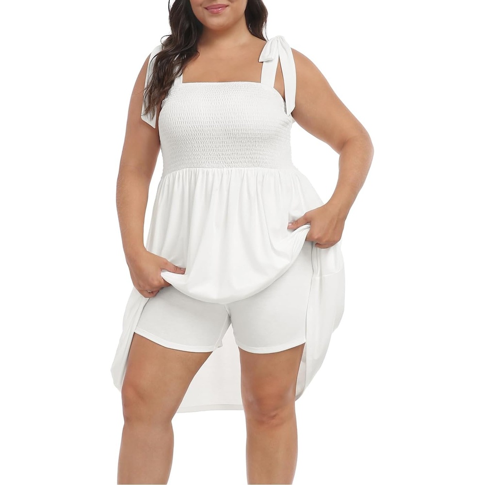 image:imageHDE Womens Plus Size Romper Dress with Built in Shorts amp Pockets Tie Strap DressWhite