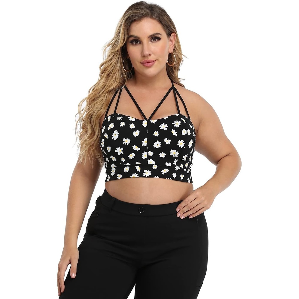 image:imageHDE Womens Plus Size Spaghetti Strap Cami Bralette Bustier Crop TopDaisy