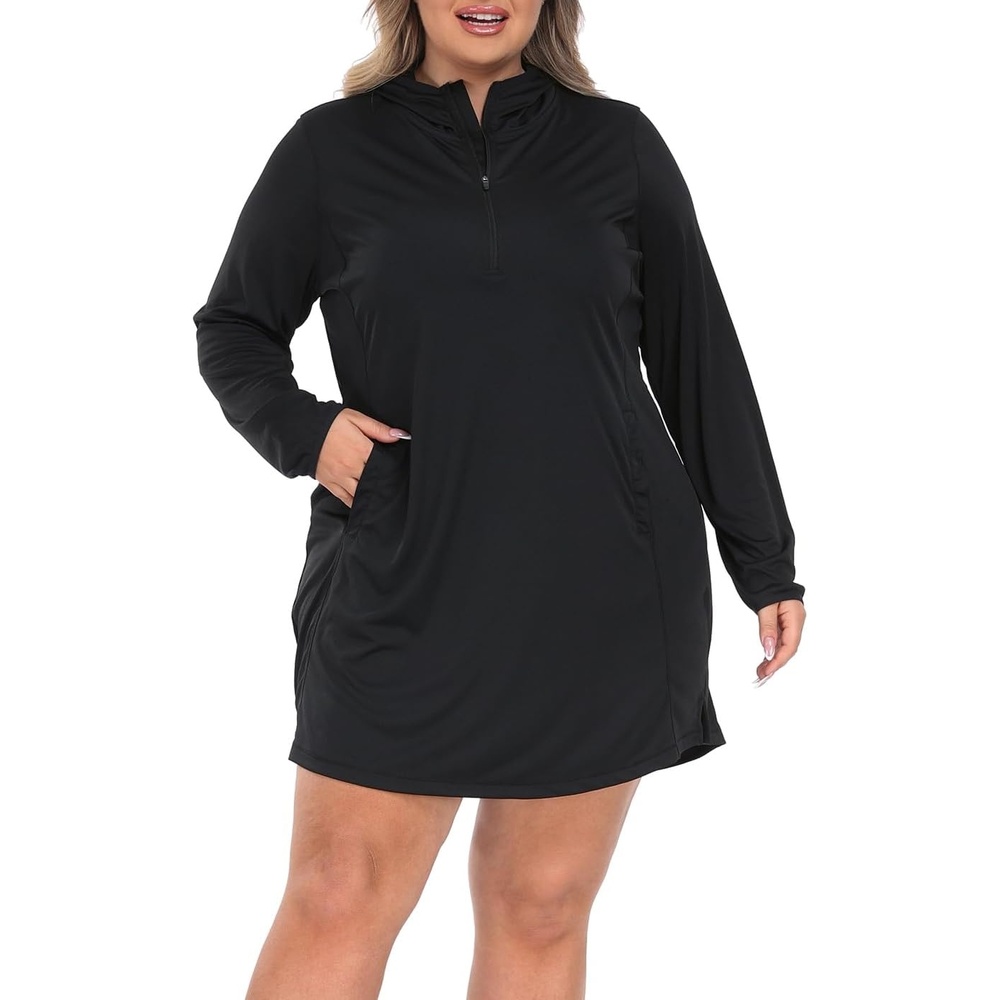 image:imageHDE Womens Plus Size Swim Coverup Dress with Hood UPF 50 Long Sleeve Cover UpBlack