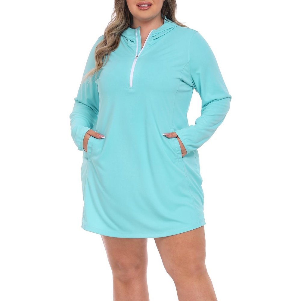 image:imageHDE Womens Plus Size Swim Coverup Dress with Hood UPF 50 Long Sleeve Cover UpBlue