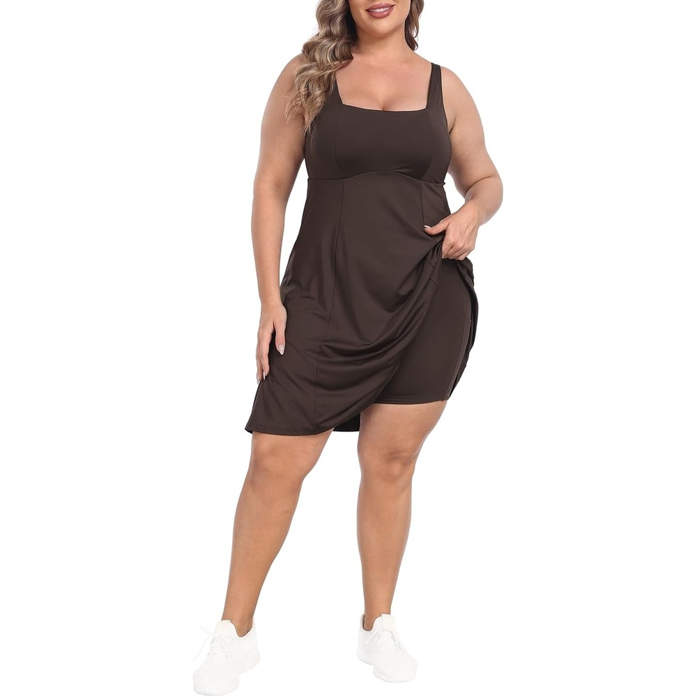 image:imageHDE Womens Plus Size Tennis Athletic Workout Dress Adjustable Straps Exercise Golf Dress with Builtin Shorts amp BraBrown