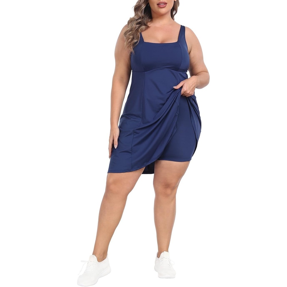 image:imageHDE Womens Plus Size Tennis Athletic Workout Dress Adjustable Straps Exercise Golf Dress with Builtin Shorts amp BraNavy Blue