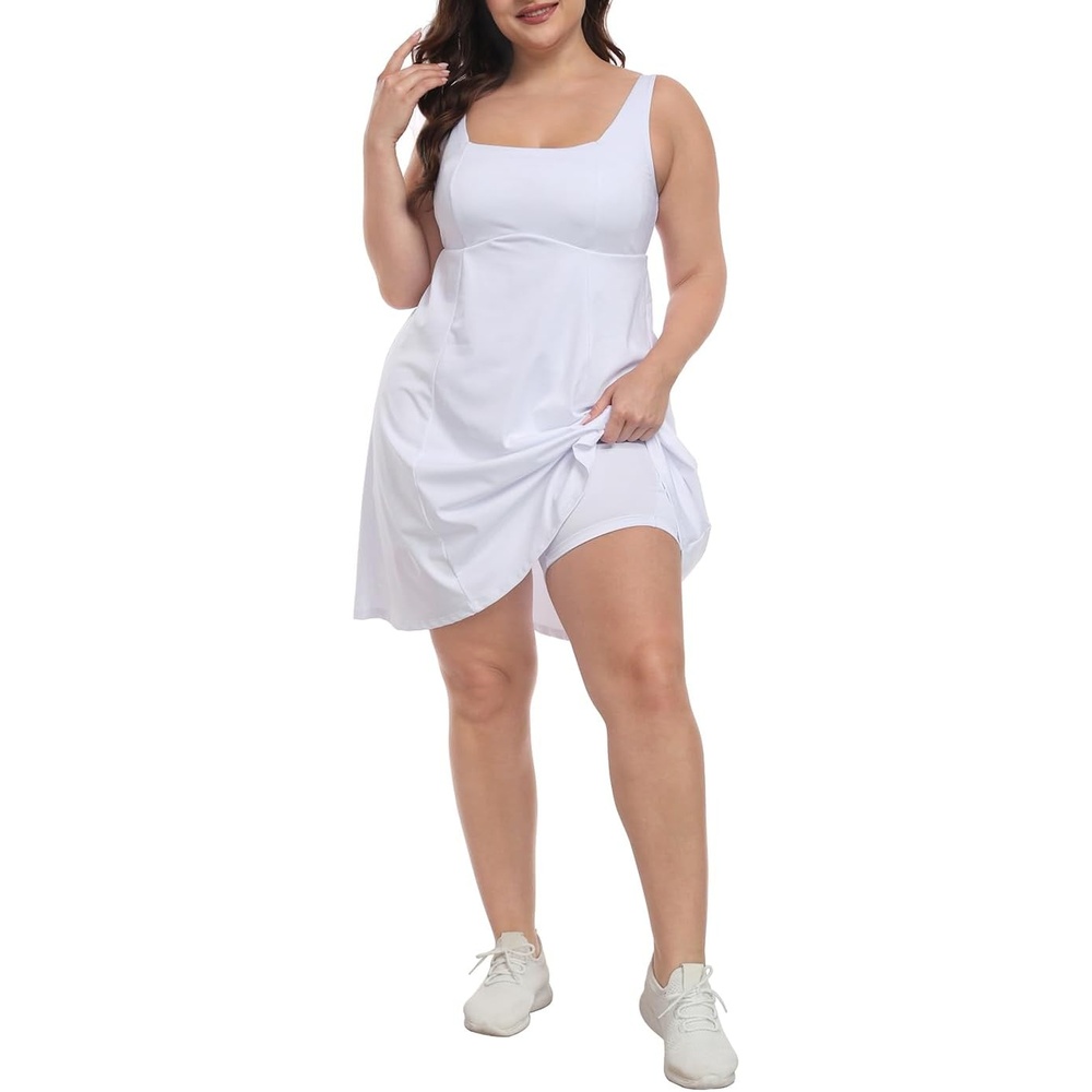 image:imageHDE Womens Plus Size Tennis Athletic Workout Dress Adjustable Straps Exercise Golf Dress with Builtin Shorts amp BraWhite