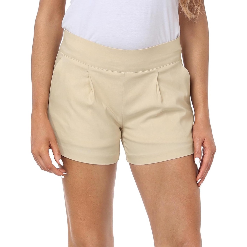 image:imageHDE Womens Pull On Dress Shorts 3 Inseam with Pockets High Waisted Chino Dressy Pleated Summer Stretchy Elastic Waist ShortsKhaki