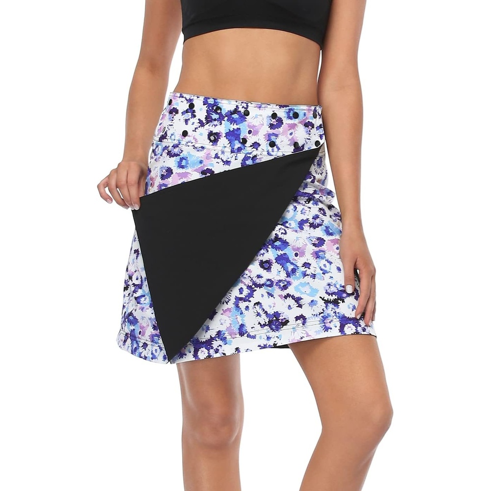 image:imageHDE Womens Reversible Wrap Skirt Swim Coverup Adjustable Snap Wraparound Waist with Zip Pocket for Travel Swim Beach HawaiiBlack Blue Floral