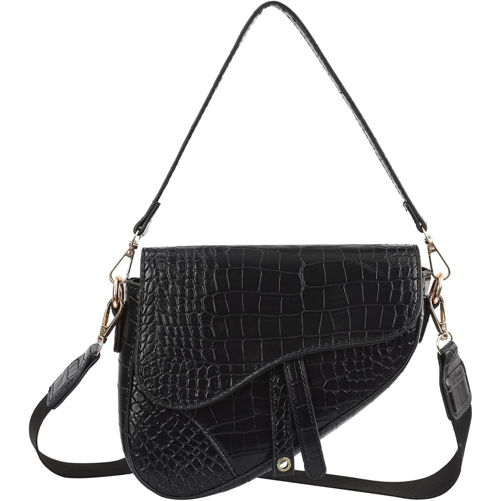 image:imageHDE Womens Saddle Shaped Convertible Shoulder Bag Trendy PU Leather Clutch Satchel Crossbody Purse HandbagBlack Crocodile