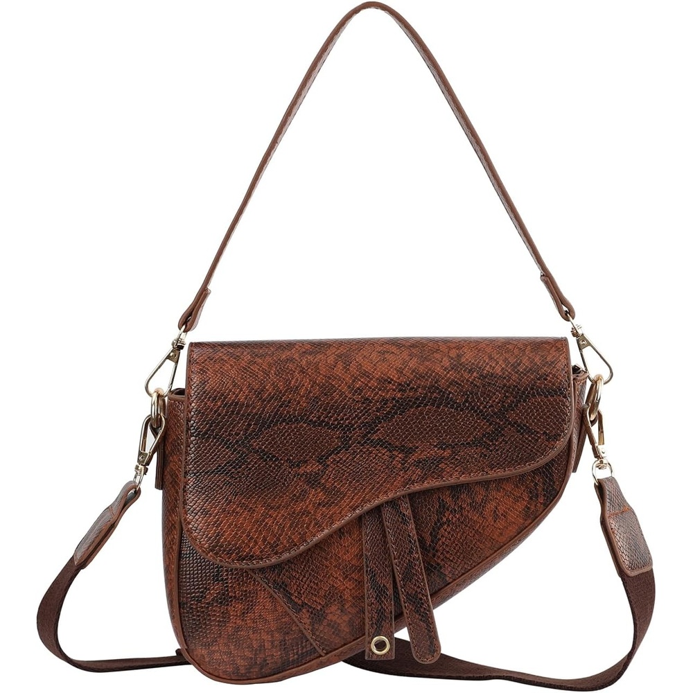 image:imageHDE Womens Saddle Shaped Convertible Shoulder Bag Trendy PU Leather Clutch Satchel Crossbody Purse HandbagBrown Snakeskin