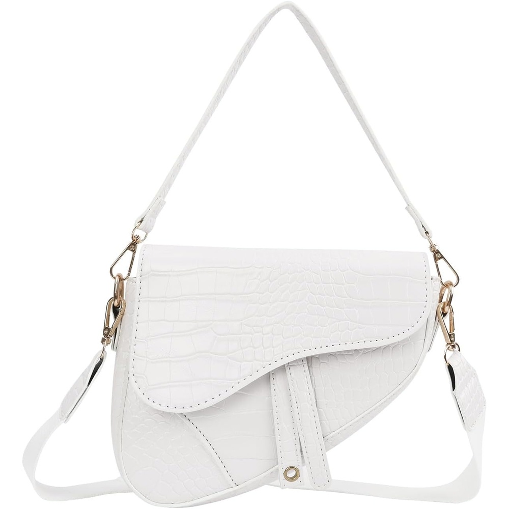 image:imageHDE Womens Saddle Shaped Convertible Shoulder Bag Trendy PU Leather Clutch Satchel Crossbody Purse HandbagWhite Crocodile