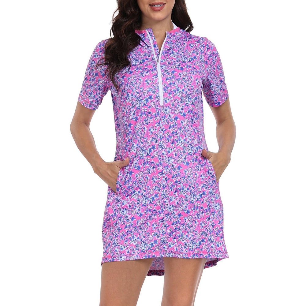 image:imageHDE Womens Short Sleeve Beach Coverup Dress with Hood UPF 50 Swim Cover UpPink Floral