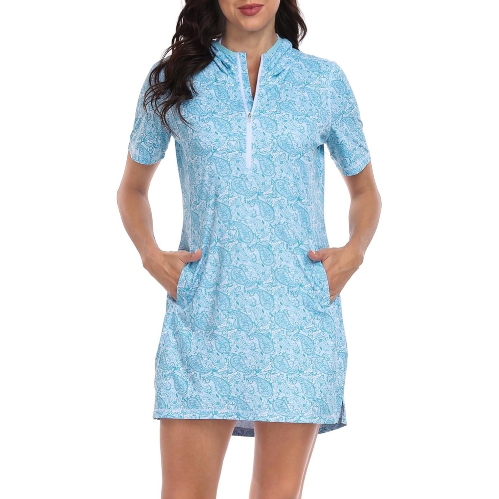 image:imageHDE Womens Short Sleeve Beach Coverup Dress with Hood UPF 50 Swim Cover UpTeal Paisley
