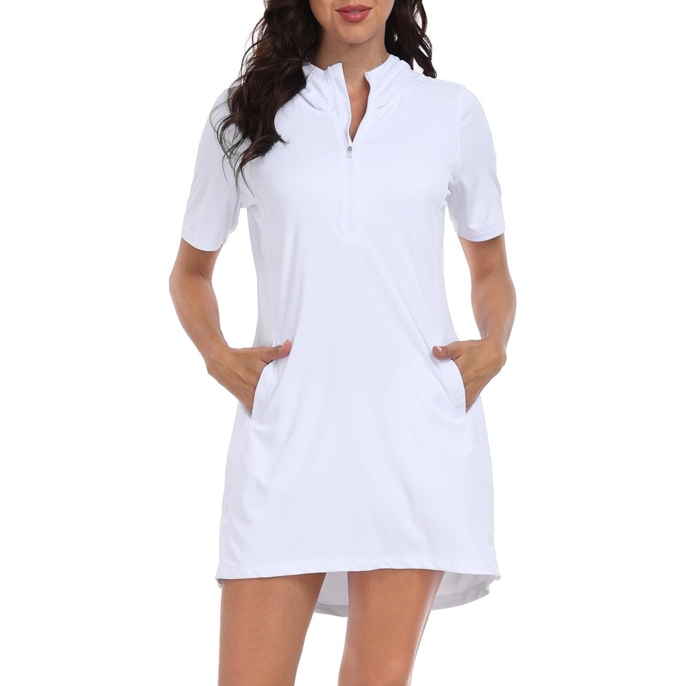 image:imageHDE Womens Short Sleeve Beach Coverup Dress with Hood UPF 50 Swim Cover UpWhite