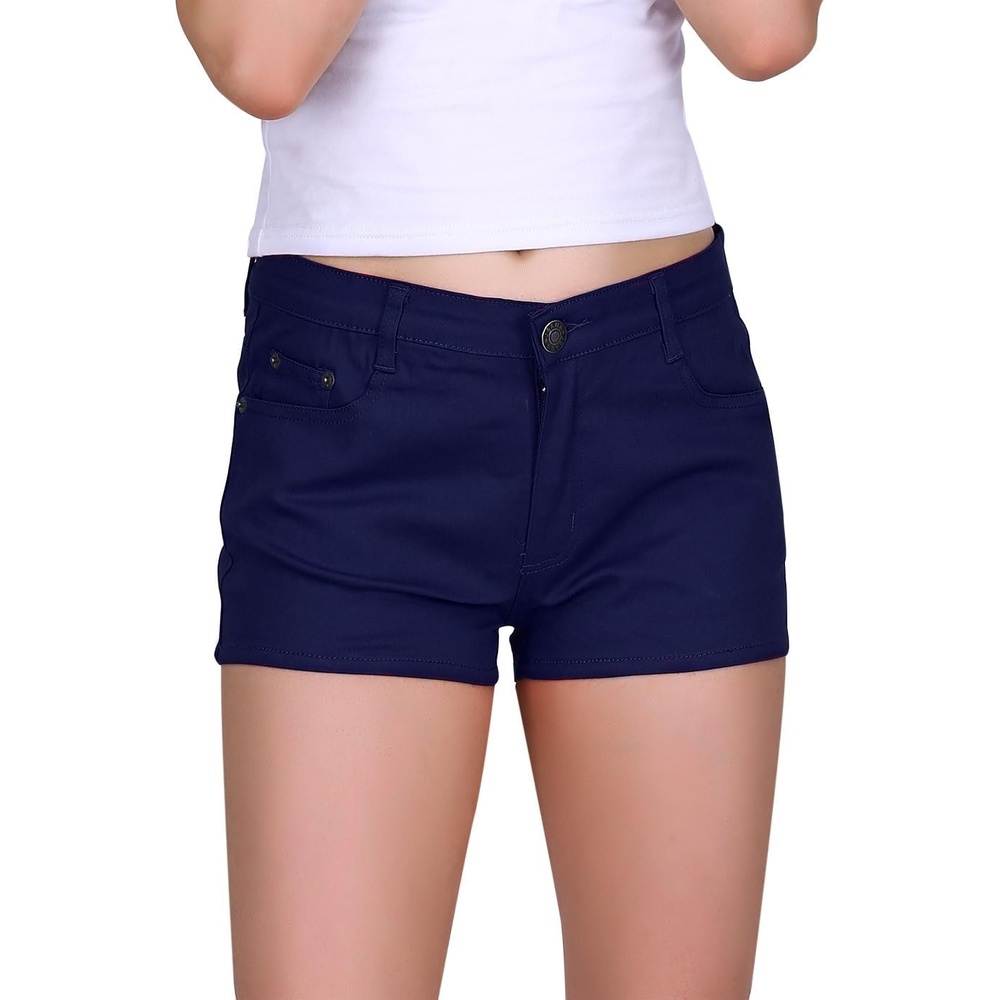 image:imageHDE Womens Solid Color Ultra Stretch Fitted Low Rise Moleton Denim Booty ShortsNavy