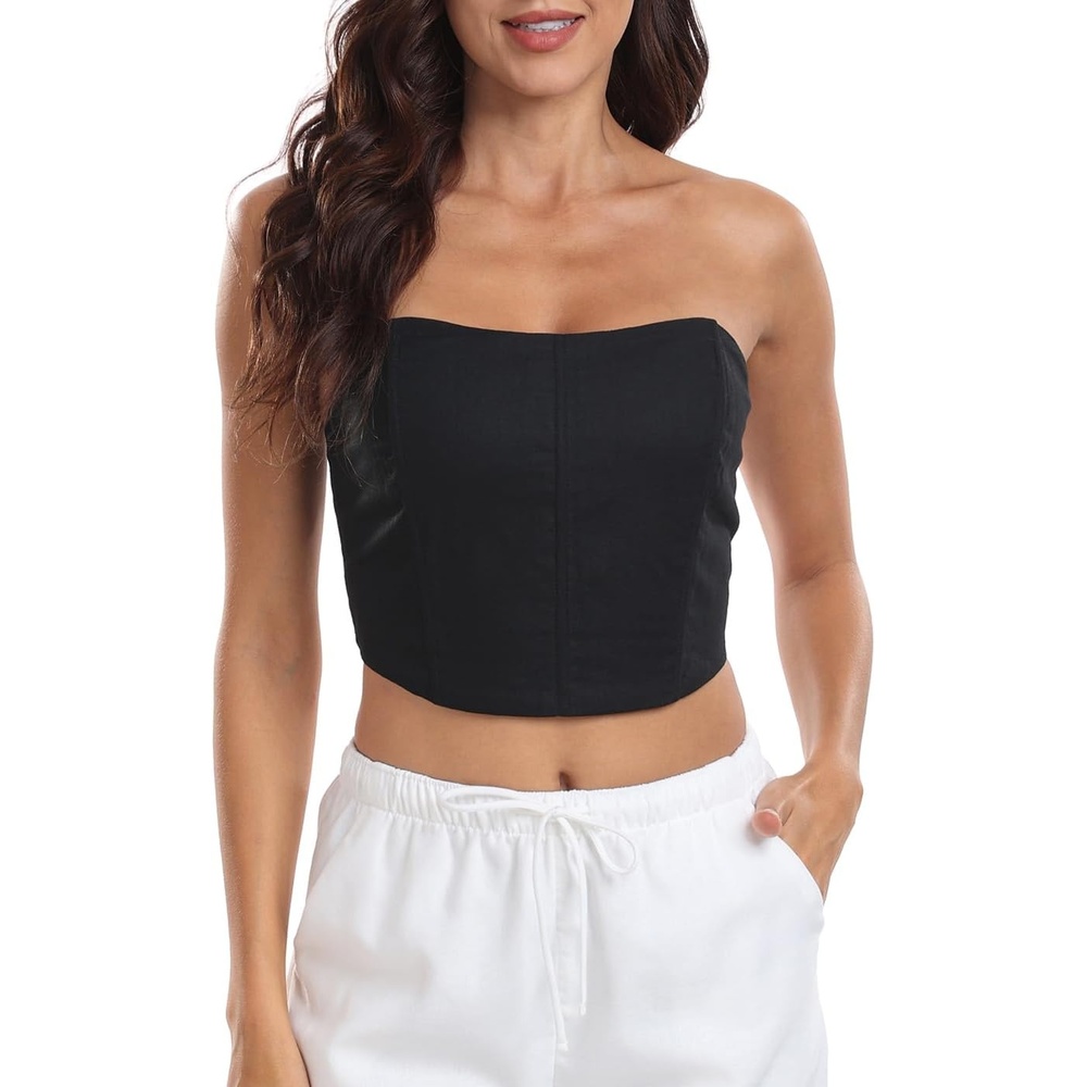 image:imageHDE Womens Strapless Linen Corset Y2K Crop Top Bustier Body Shaper Bandeau TopBlack