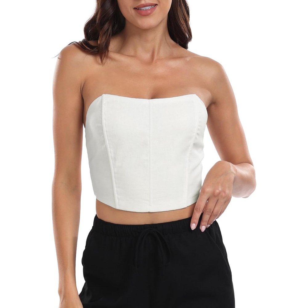 image:imageHDE Womens Strapless Linen Corset Y2K Crop Top Bustier Body Shaper Bandeau TopWhite
