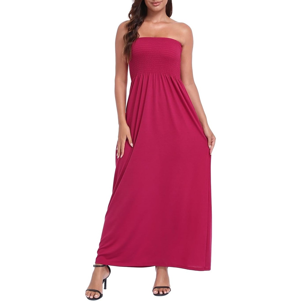 image:imageHDE Womens Strapless Maxi Dress Plus Size Summer Sundress Smocked Tube Top Long Skirt Dress Boho Beach Cover UpBerry Red