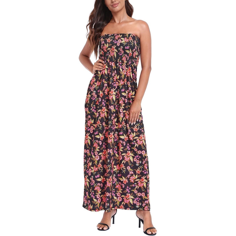 image:imageHDE Womens Strapless Maxi Dress Plus Size Summer Sundress Smocked Tube Top Long Skirt Dress Boho Beach Cover UpBlack Boho Floral