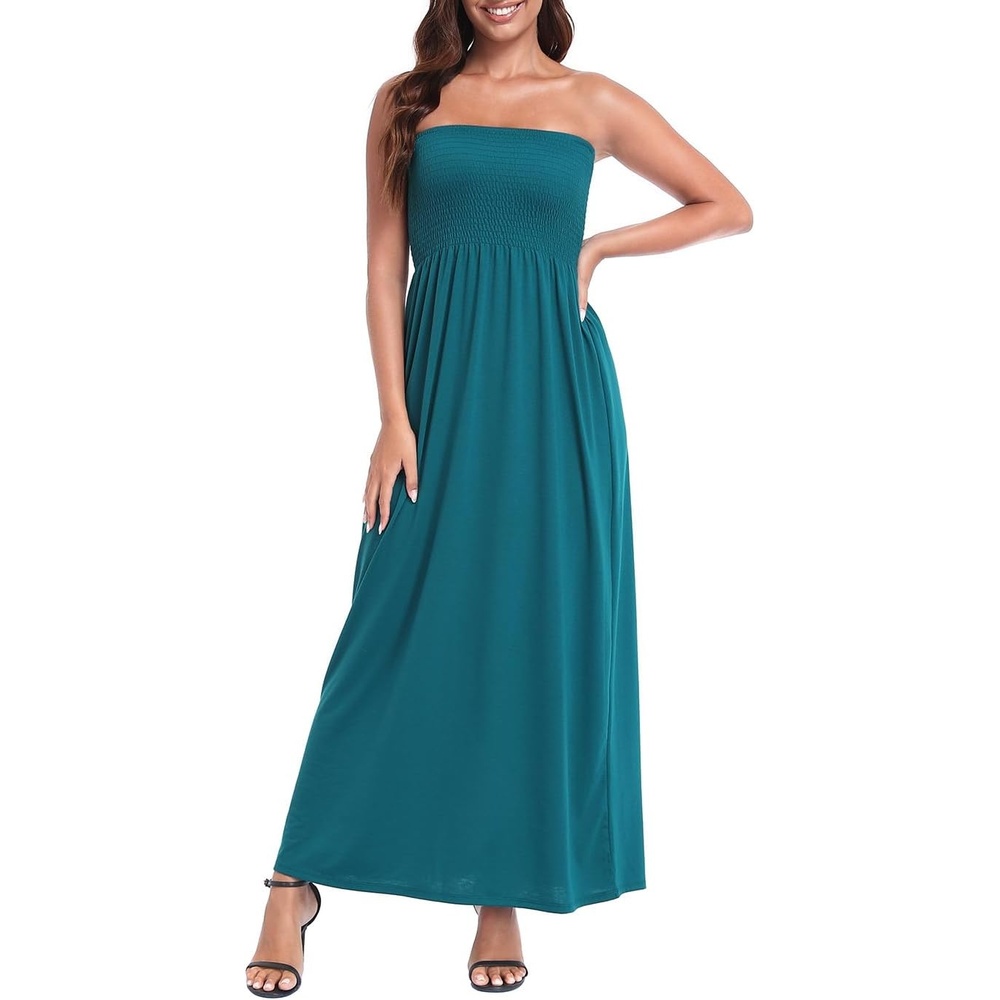 image:imageHDE Womens Strapless Maxi Dress Plus Size Summer Sundress Smocked Tube Top Long Skirt Dress Boho Beach Cover UpDark Teal