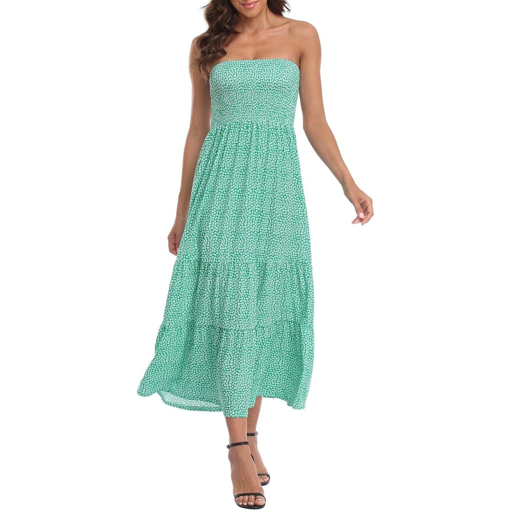image:imageHDE Womens Strapless Maxi Dress Plus Size Summer Sundress Smocked Tube Top Long Skirt Dress Boho Beach Cover UpDitsy Green Floral Ruffle