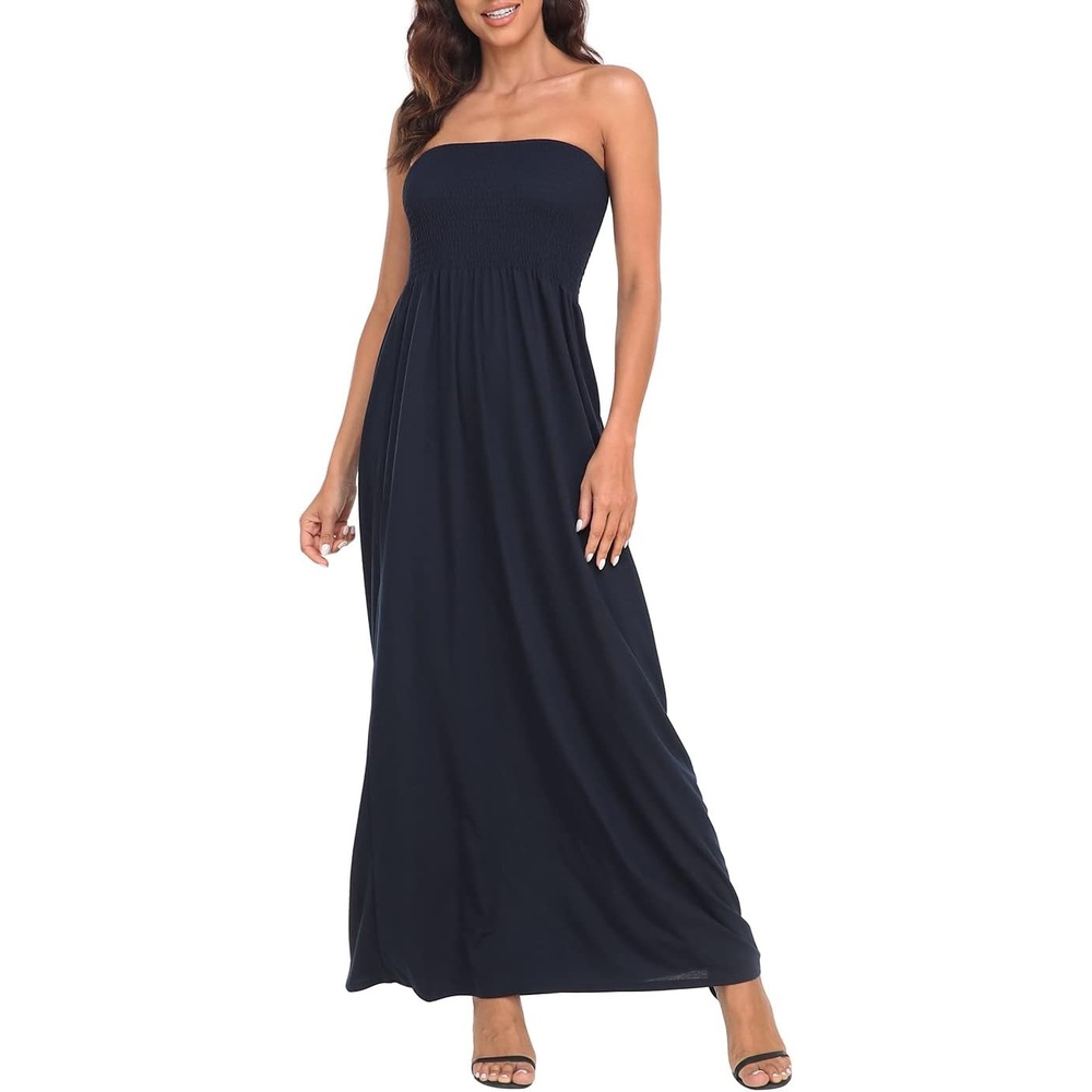 image:imageHDE Womens Strapless Maxi Dress Plus Size Summer Sundress Smocked Tube Top Long Skirt Dress Boho Beach Cover UpNavy