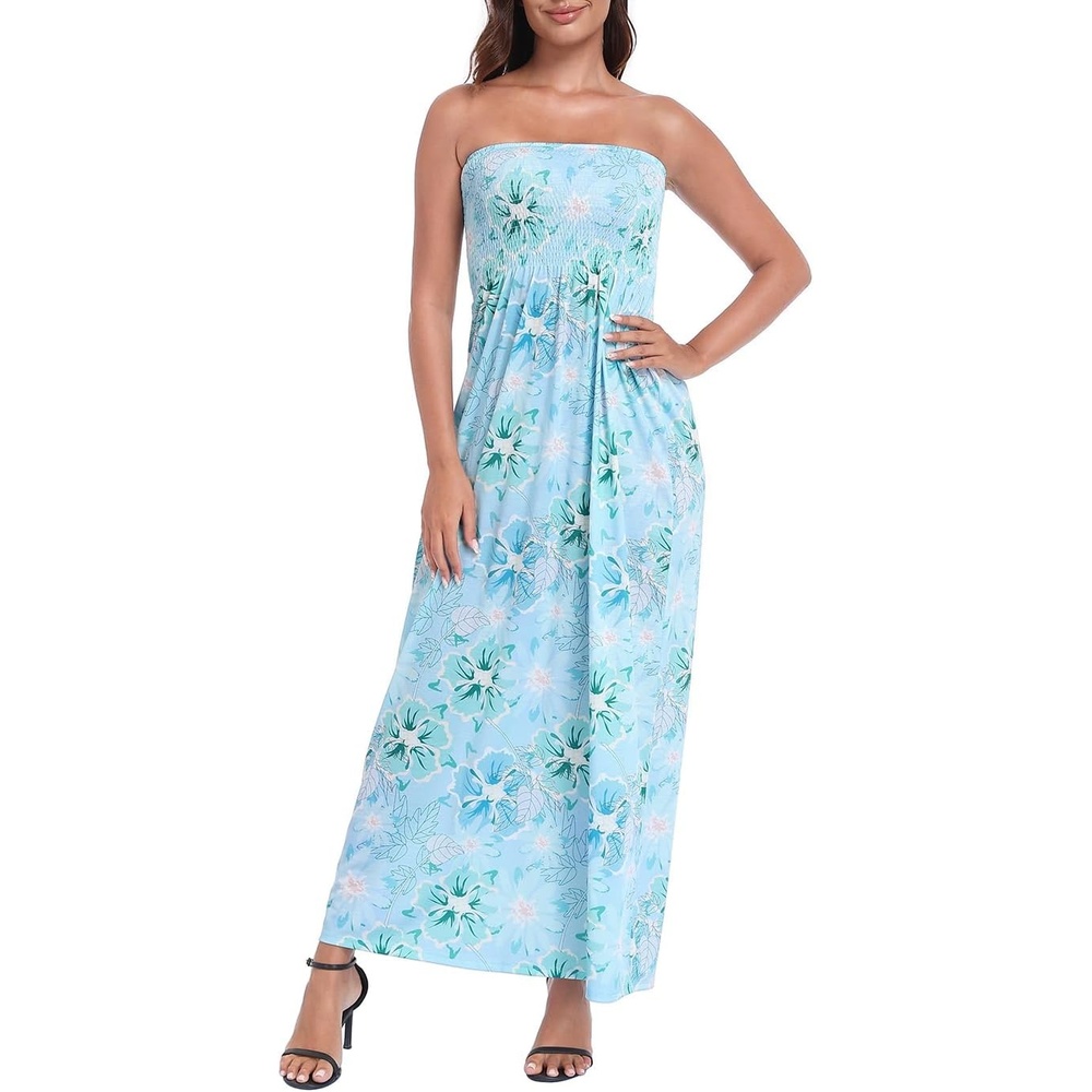 image:imageHDE Womens Strapless Maxi Dress Plus Size Summer Sundress Smocked Tube Top Long Skirt Dress Boho Beach Cover UpOcean Bloom