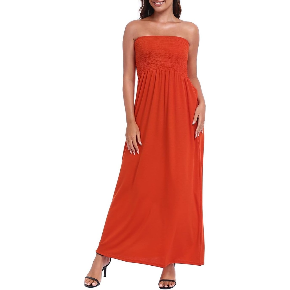 image:imageHDE Womens Strapless Maxi Dress Plus Size Summer Sundress Smocked Tube Top Long Skirt Dress Boho Beach Cover UpSpicy Orange