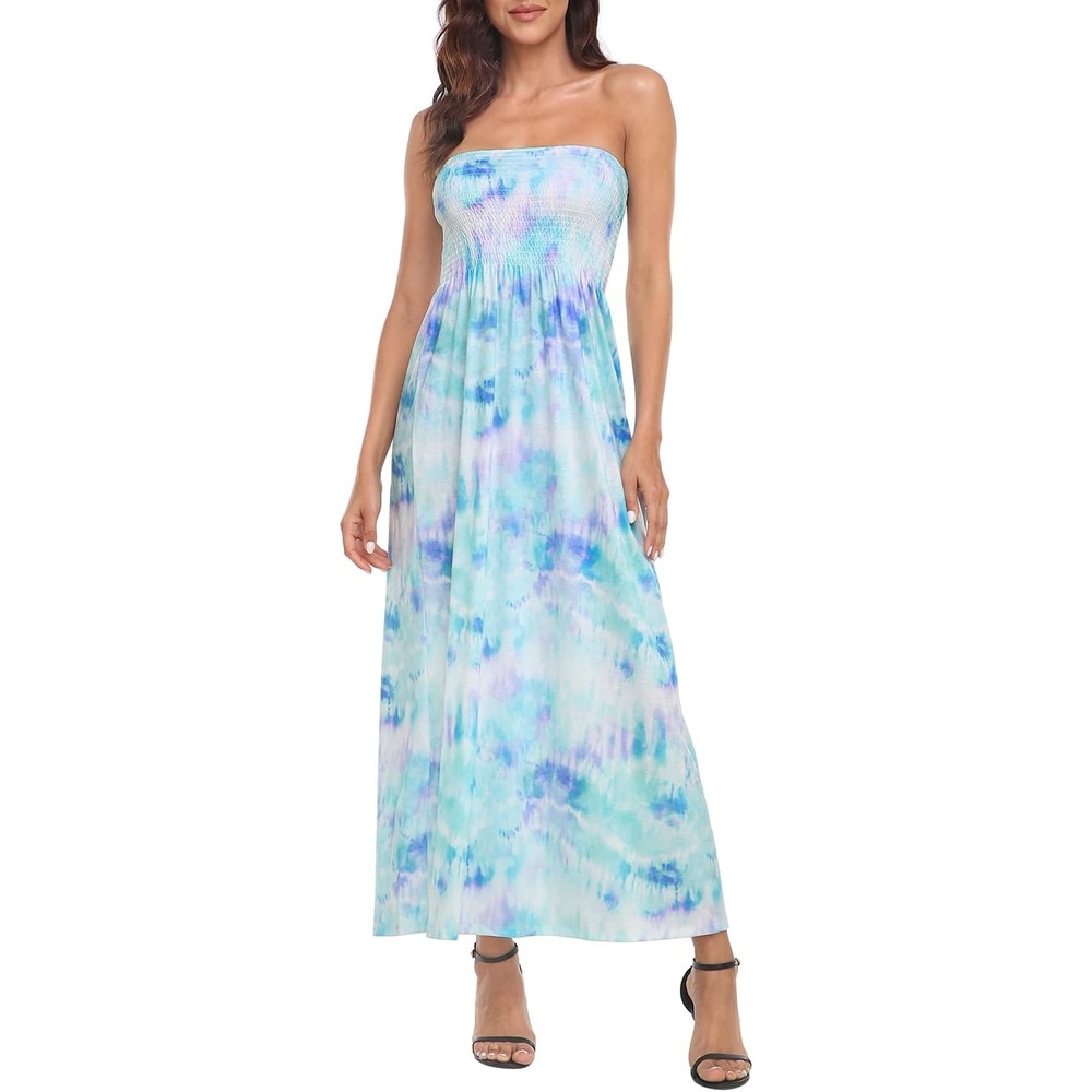 image:imageHDE Womens Strapless Maxi Dress Plus Size Summer Sundress Smocked Tube Top Long Skirt Dress Boho Beach Cover UpTie Dye