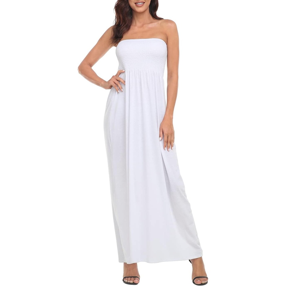 image:imageHDE Womens Strapless Maxi Dress Plus Size Summer Sundress Smocked Tube Top Long Skirt Dress Boho Beach Cover UpWhite