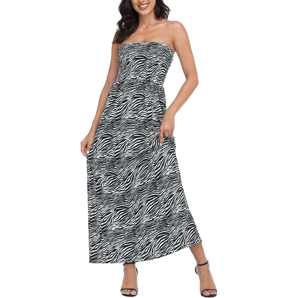 image:imageHDE Womens Strapless Maxi Dress Plus Size Summer Sundress Smocked Tube Top Long Skirt Dress Boho Beach Cover UpZebra