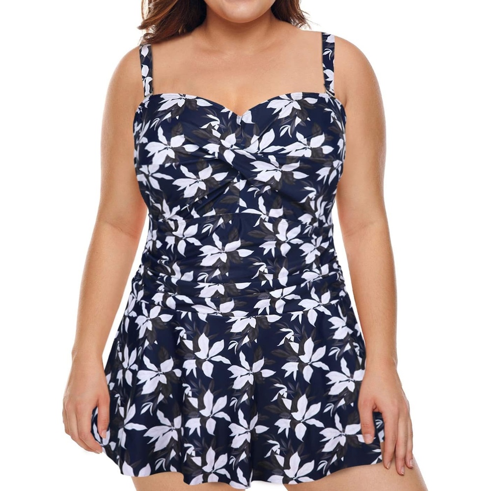 image:imageHDE Womens Twist Front Swim Dress Vintage Plus Size Swimming Suit SkirtiniBlack White Magnolia