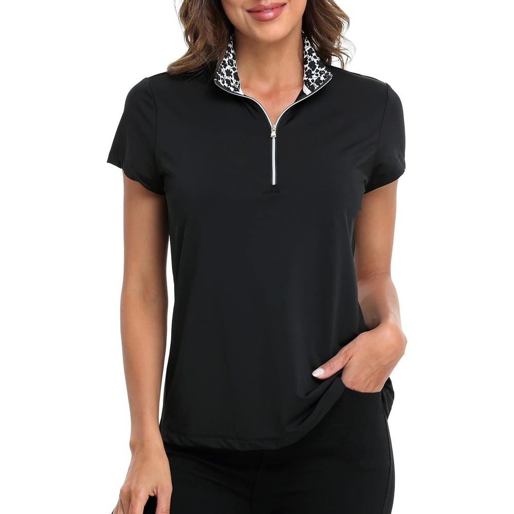 image:imageLRD Womens Golf Polo Shirt Short Sleeve Quarter Zip Mock Neck Tennis Shirt UPF 30 Sun Protection Quick Dry Performance TopBlack Floral