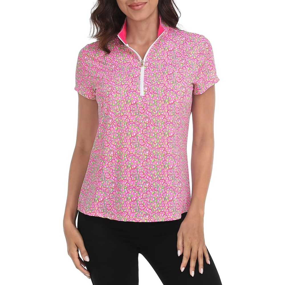 image:imageLRD Womens Golf Polo Shirt Short Sleeve Quarter Zip Mock Neck Tennis Shirt UPF 30 Sun Protection Quick Dry Performance TopDot Floral Pink