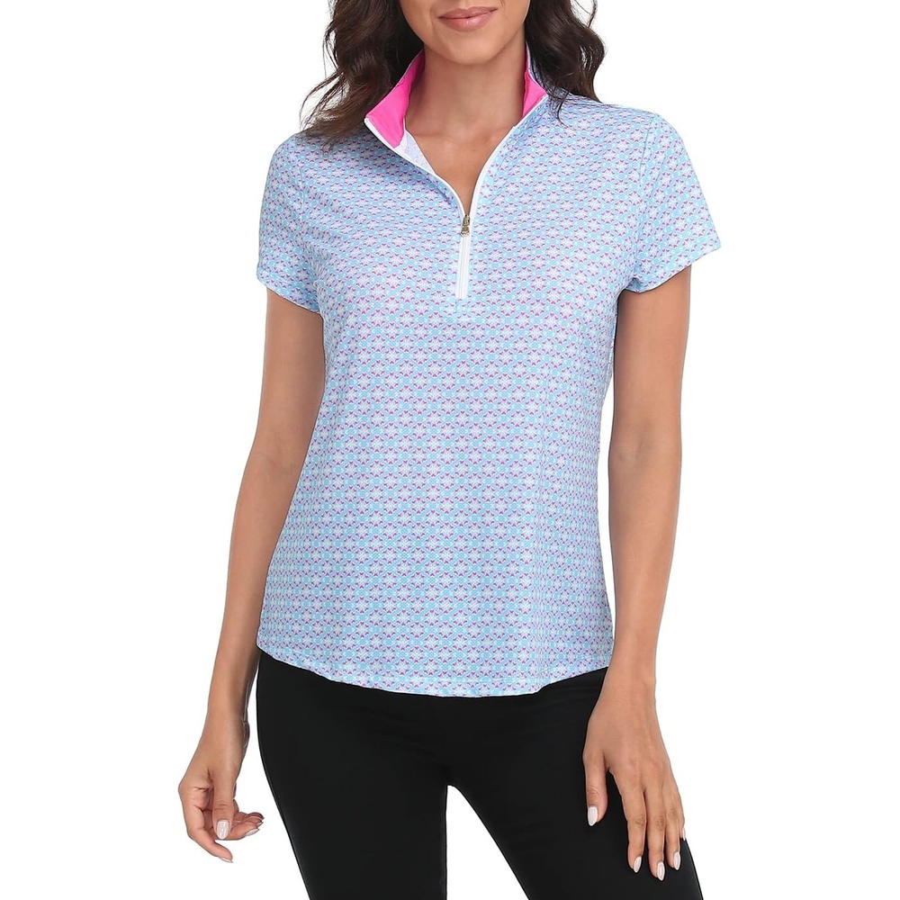 image:imageLRD Womens Golf Polo Shirt Short Sleeve Quarter Zip Mock Neck Tennis Shirt UPF 30 Sun Protection Quick Dry Performance TopMini Abstract Pink