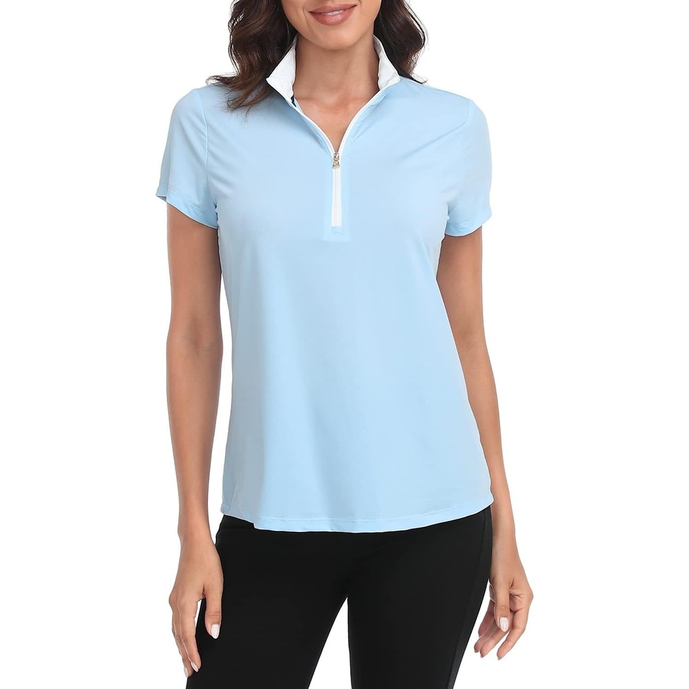 image:imageLRD Womens Golf Polo Shirt Short Sleeve Quarter Zip Mock Neck Tennis Shirt UPF 30 Sun Protection Quick Dry Performance TopSporty Blue White