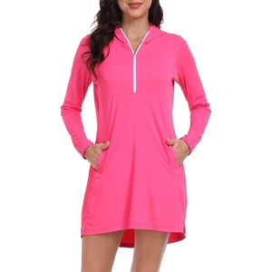 image:imageHDE Beach Coverups for Women UPF 50 Long Sleeve Swim Cover Up Dress with Hood Quick Dry Sun Protection Tunic with PocketsHot Pink