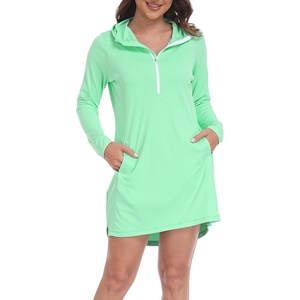 image:imageHDE Beach Coverups for Women UPF 50 Long Sleeve Swim Cover Up Dress with Hood Quick Dry Sun Protection Tunic with PocketsJelly Mint