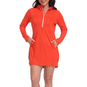 image:imageHDE Beach Coverups for Women UPF 50 Long Sleeve Swim Cover Up Dress with Hood Quick Dry Sun Protection Tunic with PocketsSpicy Orange