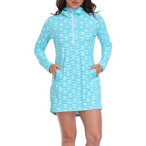image:imageHDE Beach Coverups for Women UPF 50 Long Sleeve Swim Cover Up Dress with Hood Quick Dry Sun Protection Tunic with PocketsTurquoise Sea Turtles