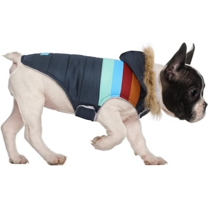 image:imageHDE Dog Puffer Jacket Fleece Lined Warm Dog Parka Winter Coat with Harness Hole 90s Black and Gold Metallic  SNavy Retro Stripe