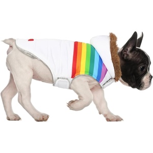 image:imageHDE Dog Puffer Jacket Fleece Lined Warm Dog Parka Winter Coat with Harness Hole 90s Black and Gold Metallic  SWhite Rainbow Stripe
