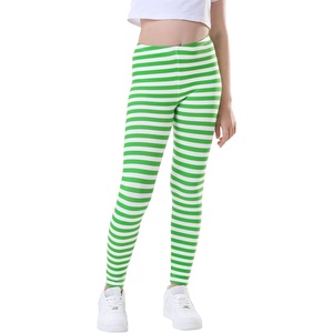 image:imageHDE Girls Leggings Holiday Stretchy Full Ankle Length Striped TightsGreen and White Stripes
