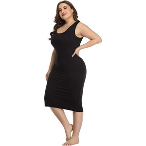 image:imageHDE Plus Size Bodycon Midi Dress Casual Fitted Jersey Tank Sundress Sleeveless Scoop Neck Soft Knit Everyday Stretchy DressBlack