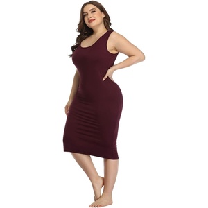 image:imageHDE Plus Size Bodycon Midi Dress Casual Fitted Jersey Tank Sundress Sleeveless Scoop Neck Soft Knit Everyday Stretchy DressDark Maroon
