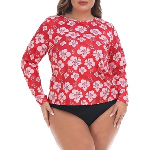 image:imageHDE Plus Size Rash Guard for Women UPF 50 Quick Dry Long Sleeve Swim TopRed Hibiscus