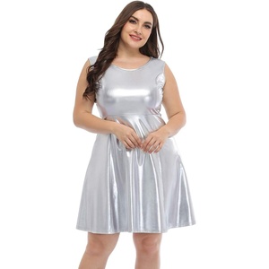 image:imageHDE Plus Size Shiny Metallic Alien Costume Dress Futuristic Sleeveless Space Skater DressSilver