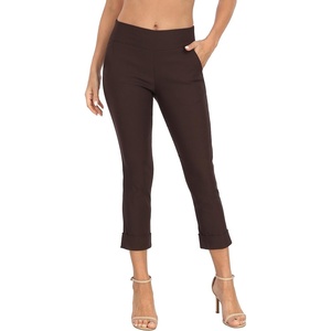 image:imageHDE Pull On Capri Pants for Women with Pockets Elastic Waist Cropped Work PantsDark Brown