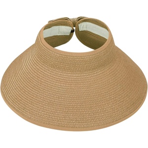 image:imageHDE Sun Visor for Women Roll Up Ponytail Hat Packable Beach Straw Visor Sun HatsBrown