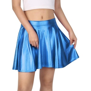 image:imageHDE Womens Casual Fashion Flared Pleated Wet Look ALine Mini Skirts Circle Shiny Stretch High Waist Metallic Skater SkirtBlue